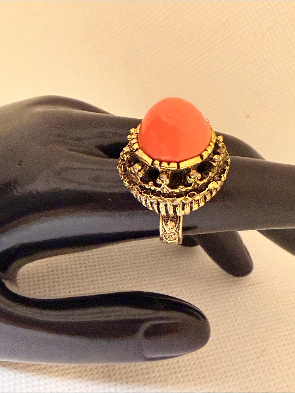 Vintage Gold Tone Filigree Crown Coral Pink Cabochon Adjustable Ring